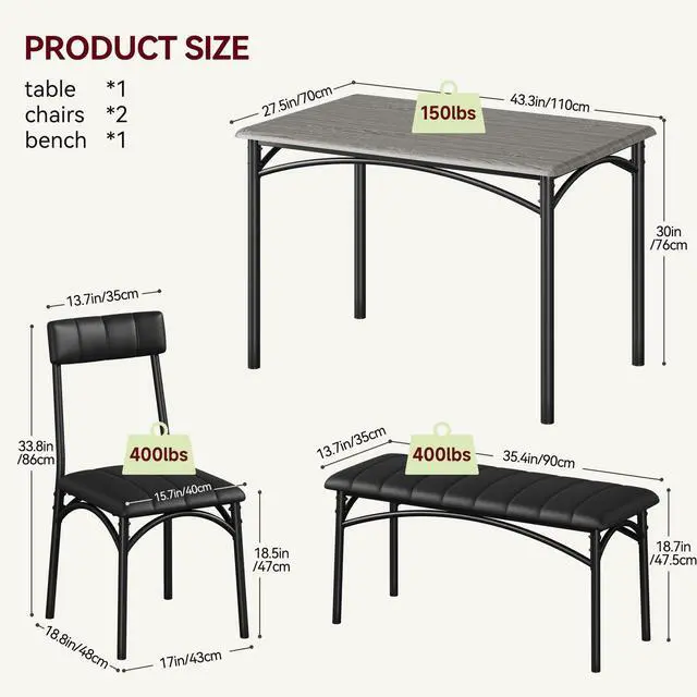 Alt view image 2 of 6 - Dining Table Set for 4, Small Dining Table Set with Upholstered Bench and 2 Chairs, Kitchen Table and Chairs for 4, for Small Space, Apartment, Dinner, Rustic Gray