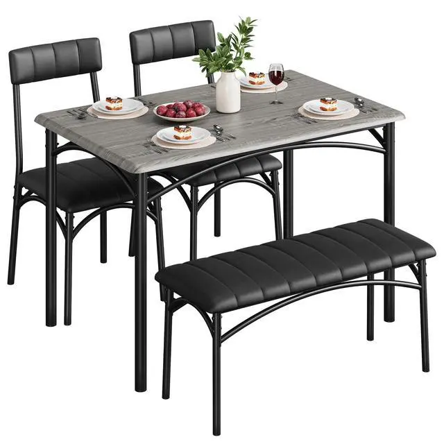 Alt view image 3 of 6 - Dining Table Set for 4, Small Dining Table Set with Upholstered Bench and 2 Chairs, Kitchen Table and Chairs for 4, for Small Space, Apartment, Dinner, Rustic Gray