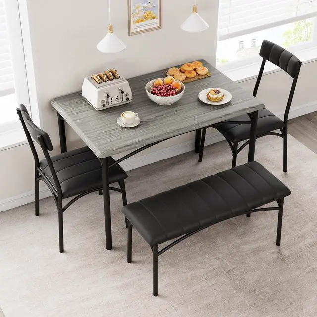 Alt view image 4 of 6 - Dining Table Set for 4, Small Dining Table Set with Upholstered Bench and 2 Chairs, Kitchen Table and Chairs for 4, for Small Space, Apartment, Dinner, Rustic Gray