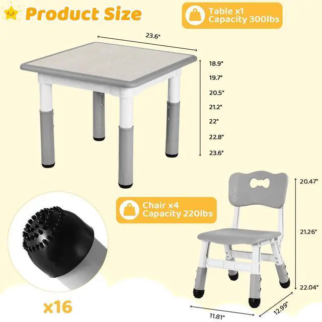 Alt view image 2 of 6 - Kids Table and 4 Chairs Set, Height Adjustable ((18.9"23.6"), Anti-Slip Childrens Activity Desk, Wipe-Clean Desktop, Montessori Learning, Drawing for Toddler, Classroom, Home & Daycare (Grey)
