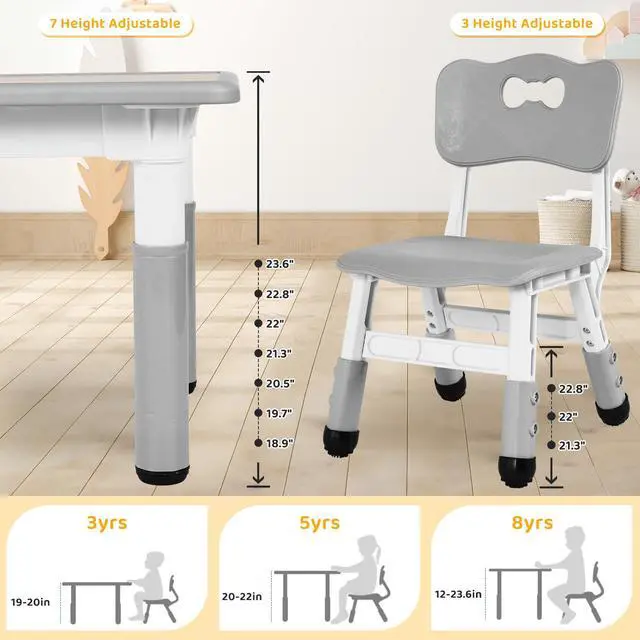 Alt view image 3 of 6 - Kids Table and 4 Chairs Set, Height Adjustable ((18.9"23.6"), Anti-Slip Childrens Activity Desk, Wipe-Clean Desktop, Montessori Learning, Drawing for Toddler, Classroom, Home & Daycare (Grey)