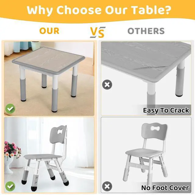 Alt view image 5 of 6 - Kids Table and 4 Chairs Set, Height Adjustable ((18.9"23.6"), Anti-Slip Childrens Activity Desk, Wipe-Clean Desktop, Montessori Learning, Drawing for Toddler, Classroom, Home & Daycare (Grey)
