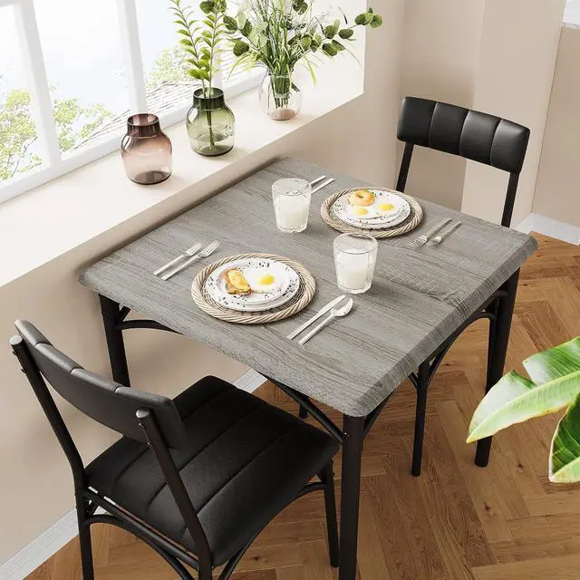 Main image of Dining Table Set,Kitchen Table and Chairs for 2,Metal and Wood Square Dining Room Table Set with 2 Upholstered Chairs,3 Piece Dining Table Set for Small Space,Apartment,Gray