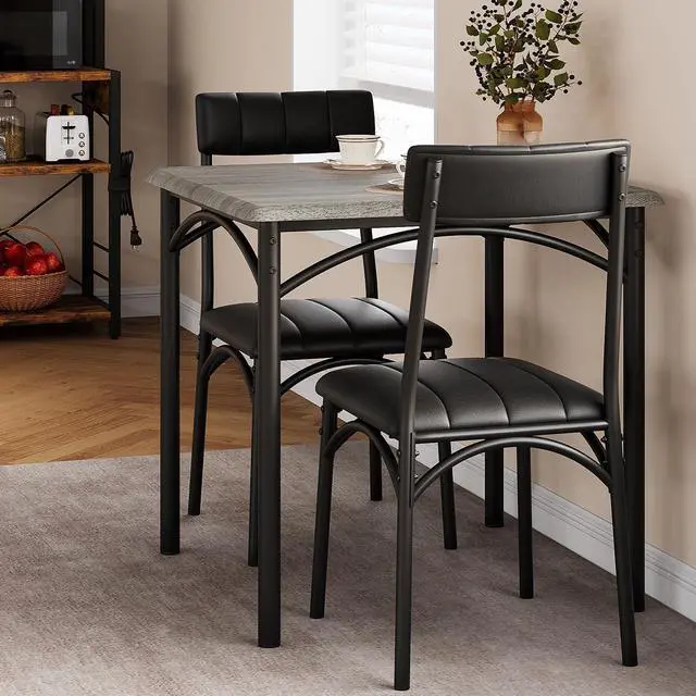 Alt view image 2 of 6 - Dining Table Set,Kitchen Table and Chairs for 2,Metal and Wood Square Dining Room Table Set with 2 Upholstered Chairs,3 Piece Dining Table Set for Small Space,Apartment,Gray
