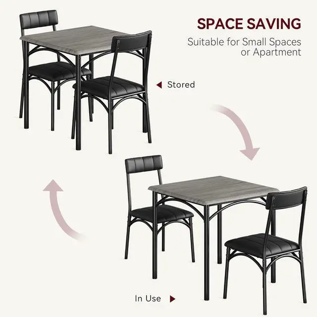 Alt view image 5 of 6 - Dining Table Set,Kitchen Table and Chairs for 2,Metal and Wood Square Dining Room Table Set with 2 Upholstered Chairs,3 Piece Dining Table Set for Small Space,Apartment,Gray