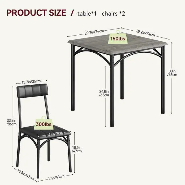 Alt view image 6 of 6 - Dining Table Set,Kitchen Table and Chairs for 2,Metal and Wood Square Dining Room Table Set with 2 Upholstered Chairs,3 Piece Dining Table Set for Small Space,Apartment,Gray