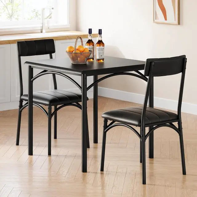 Main image of Dining Table Set, Kitchen Table and Chairs for 2, Metal and Wood Square Dining Room Table Set with 2 Upholstered Chairs, 3 Piece Dining Table Set for Small Space, Apartment,Black