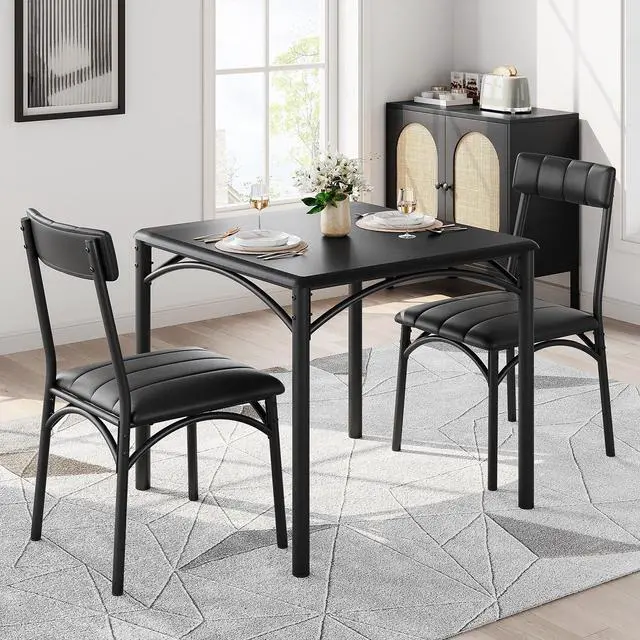 Alt view image 2 of 6 - Dining Table Set, Kitchen Table and Chairs for 2, Metal and Wood Square Dining Room Table Set with 2 Upholstered Chairs, 3 Piece Dining Table Set for Small Space, Apartment,Black