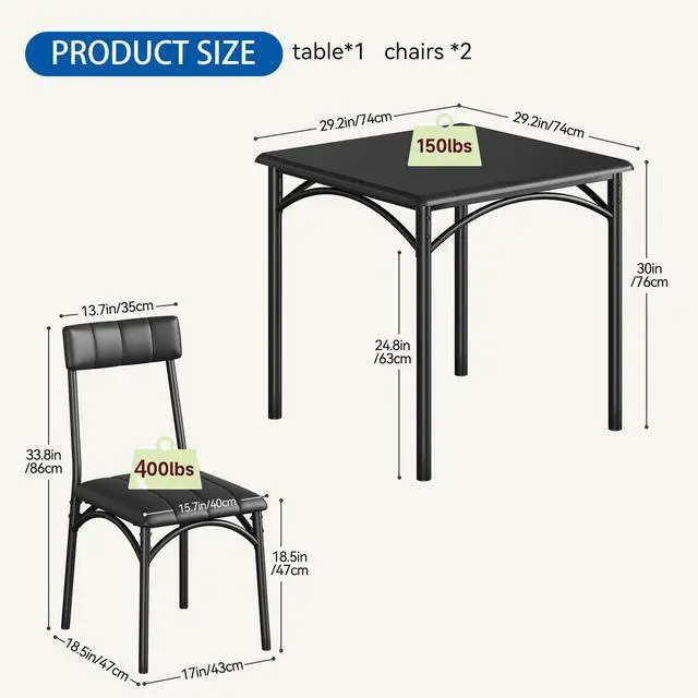Alt view image 3 of 6 - Dining Table Set, Kitchen Table and Chairs for 2, Metal and Wood Square Dining Room Table Set with 2 Upholstered Chairs, 3 Piece Dining Table Set for Small Space, Apartment,Black