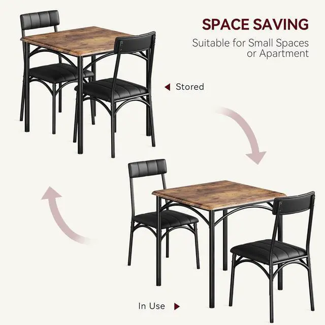 Alt view image 2 of 6 - Dining Table Set, Kitchen Table and Chairs for 2, Metal and Wood Square Dining Room Table Set with 2 Upholstered Chairs,3 Piece Dining Table Set for Small Space, Apartment,Brown
