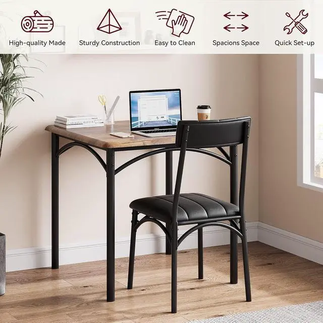 Alt view image 3 of 6 - Dining Table Set, Kitchen Table and Chairs for 2, Metal and Wood Square Dining Room Table Set with 2 Upholstered Chairs,3 Piece Dining Table Set for Small Space, Apartment,Brown