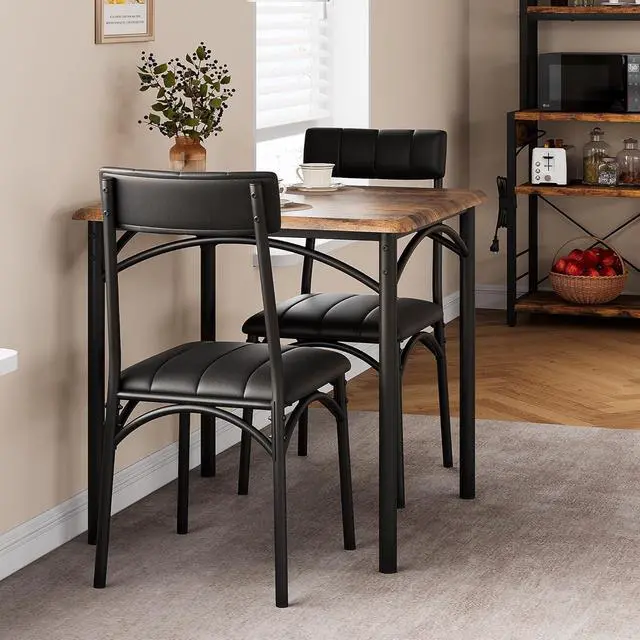 Alt view image 6 of 6 - Dining Table Set, Kitchen Table and Chairs for 2, Metal and Wood Square Dining Room Table Set with 2 Upholstered Chairs,3 Piece Dining Table Set for Small Space, Apartment,Brown