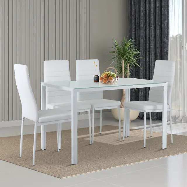 Alt view image 2 of 6 - Dining Table Set for 4 Furniture 5 Piece Faux Dining Set, Modern Kitchen Table with Upholstered PU Leather Chairs and Glass Tabletop for Breakfast Nook Small Spaces,White