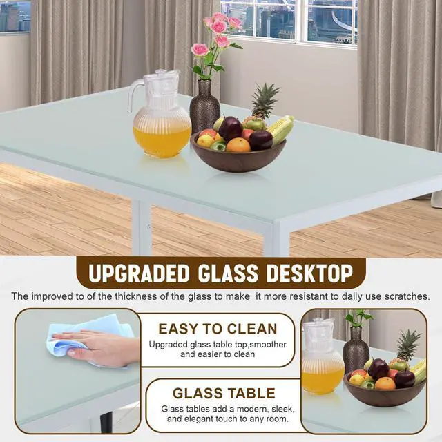 Alt view image 3 of 6 - Dining Table Set for 4 Furniture 5 Piece Faux Dining Set, Modern Kitchen Table with Upholstered PU Leather Chairs and Glass Tabletop for Breakfast Nook Small Spaces,White