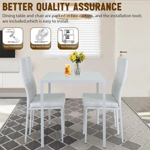 Alt view image 5 of 6 - Dining Table Set for 4 Furniture 5 Piece Faux Dining Set, Modern Kitchen Table with Upholstered PU Leather Chairs and Glass Tabletop for Breakfast Nook Small Spaces,White