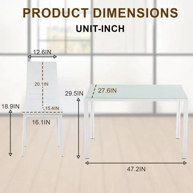 Alt view image 6 of 6 - Dining Table Set for 4 Furniture 5 Piece Faux Dining Set, Modern Kitchen Table with Upholstered PU Leather Chairs and Glass Tabletop for Breakfast Nook Small Spaces,White