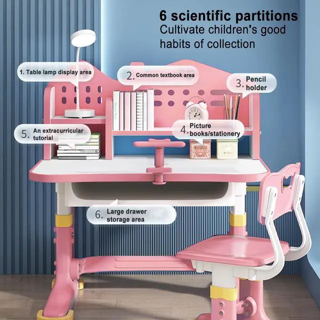 Alt view image 5 of 6 - Height Adjustable Kids Desk and Chair Set, Kids Functional Desk and Chair Set, Children Study Desk, Study Table School Writing Table for Writing Reading (Pink-1)