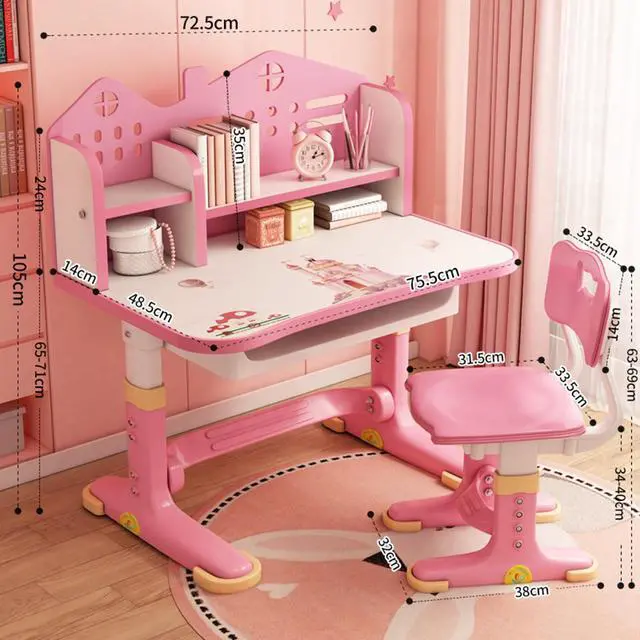 Alt view image 6 of 6 - Height Adjustable Kids Desk and Chair Set, Kids Functional Desk and Chair Set, Children Study Desk, Study Table School Writing Table for Writing Reading (Pink-1)