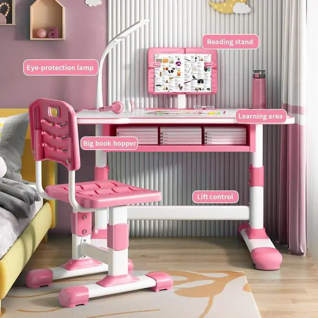 Alt view image 2 of 6 - Height Adjustable Kids Desk and Chair Set, Kids Functional Desk and Chair Set, Children Study Desk, Study Table for Boys Girls School Table for Writing Reading Pink