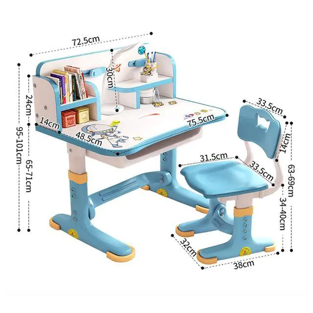 Alt view image 5 of 6 - Height Adjustable Kids Desk and Chair Set, Kids Functional Desk and Chair Set, Children Desk, Study Table for Boys Girls School Study Table for Writing Reading Blue