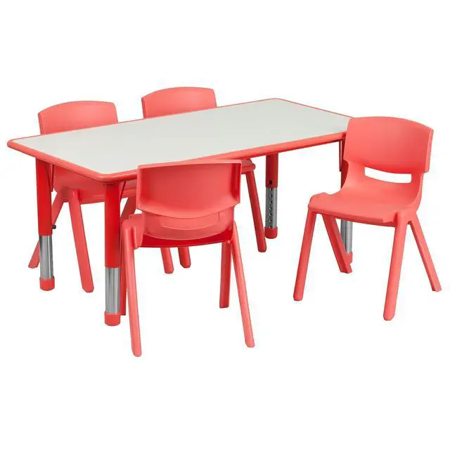 Alt view image 2 of 4 - 23.625" W x 47.25" L Red Plastic Activity Table Set-4 Chairs