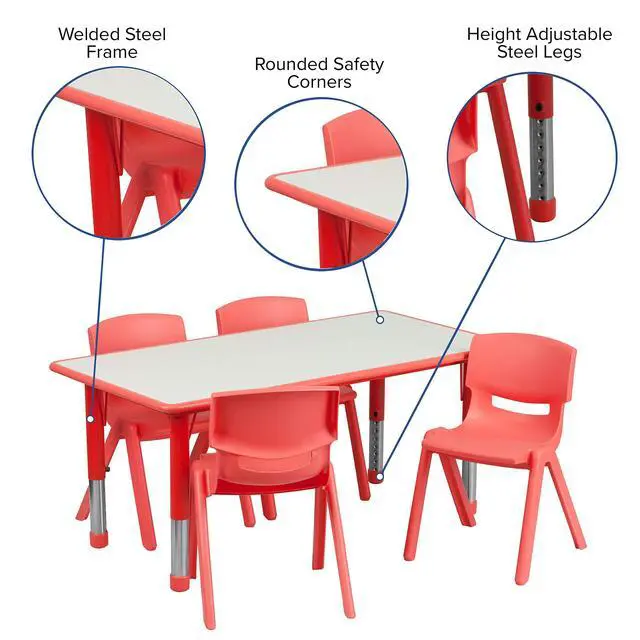 Alt view image 3 of 4 - 23.625" W x 47.25" L Red Plastic Activity Table Set-4 Chairs