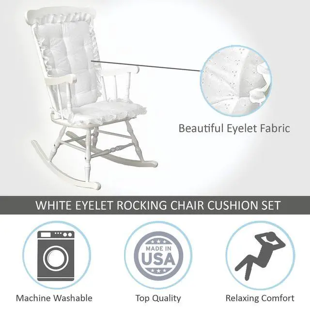 Alt view image 3 of 4 - Rocking Chair Cushion Pad Set - Machine Washable Seat and Seat Back Cushions, Seat Cover or Replacement Pads for Rocker or Glider, White Eyelet