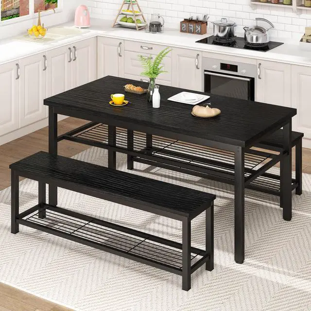 Main image of 43.3" Dining Table Set for 4, Kitchen Dining Table with 2 Benches, Dining Room Table Set with Metal Frame & Storage Rack for Kitchen, Restaurant, Black