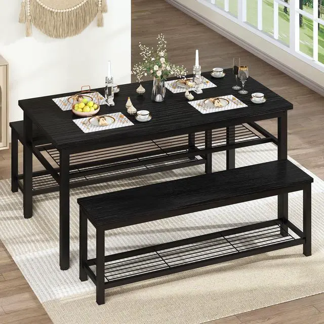 Alt view image 2 of 6 - 43.3" Dining Table Set for 4, Kitchen Dining Table with 2 Benches, Dining Room Table Set with Metal Frame & Storage Rack for Kitchen, Restaurant, Black