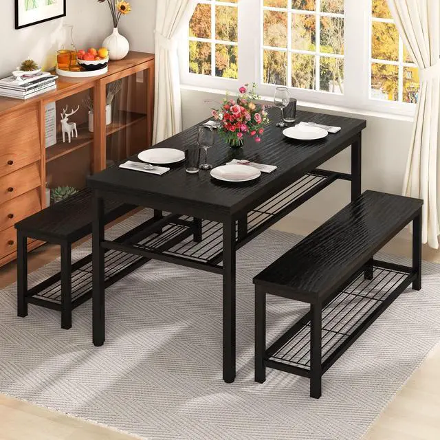 Alt view image 3 of 6 - 43.3" Dining Table Set for 4, Kitchen Dining Table with 2 Benches, Dining Room Table Set with Metal Frame & Storage Rack for Kitchen, Restaurant, Black