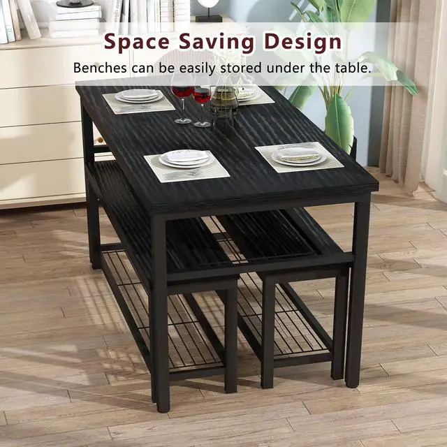 Alt view image 4 of 6 - 43.3" Dining Table Set for 4, Kitchen Dining Table with 2 Benches, Dining Room Table Set with Metal Frame & Storage Rack for Kitchen, Restaurant, Black