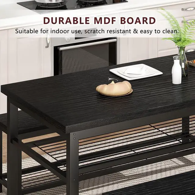 Alt view image 5 of 6 - 43.3" Dining Table Set for 4, Kitchen Dining Table with 2 Benches, Dining Room Table Set with Metal Frame & Storage Rack for Kitchen, Restaurant, Black