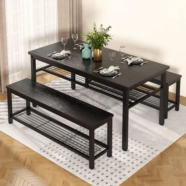 Alt view image 6 of 6 - 43.3" Dining Table Set for 4, Kitchen Dining Table with 2 Benches, Dining Room Table Set with Metal Frame & Storage Rack for Kitchen, Restaurant, Black