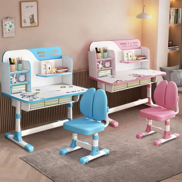 Alt view image 2 of 6 - Kids Desk and Chair Set, Children School Study Table Chair Set, Ergonomic Desk Chair with Large Writing Board, Bookshelf and Drawer Pink, 3888199