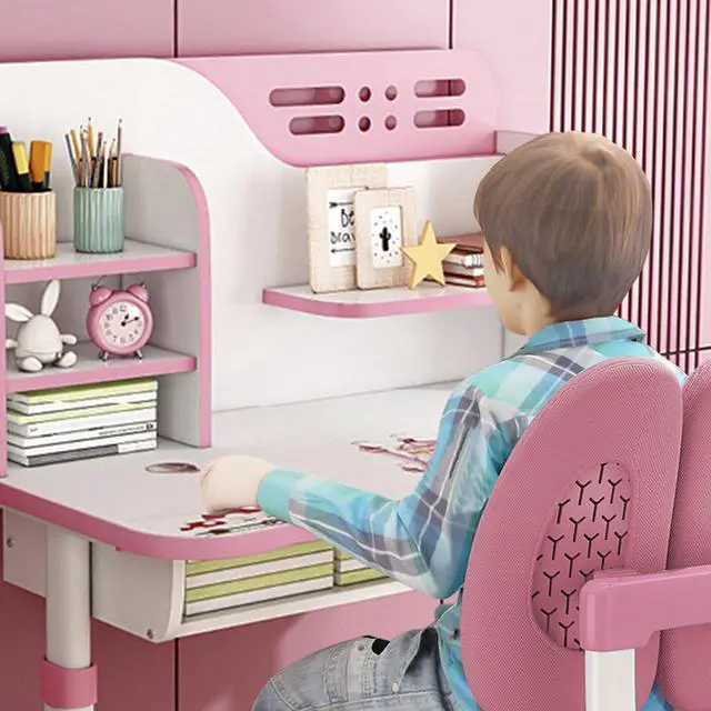 Alt view image 3 of 6 - Kids Desk and Chair Set, Children School Study Table Chair Set, Ergonomic Desk Chair with Large Writing Board, Bookshelf and Drawer Pink, 3888199