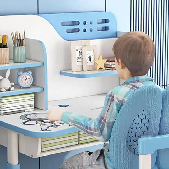 Alt view image 3 of 6 - Kids Desk and Chair Set, Children School Study Table Chair Set, Ergonomic Desk Chair with Large Writing Board, Bookshelf and Drawer Blue, 3888198