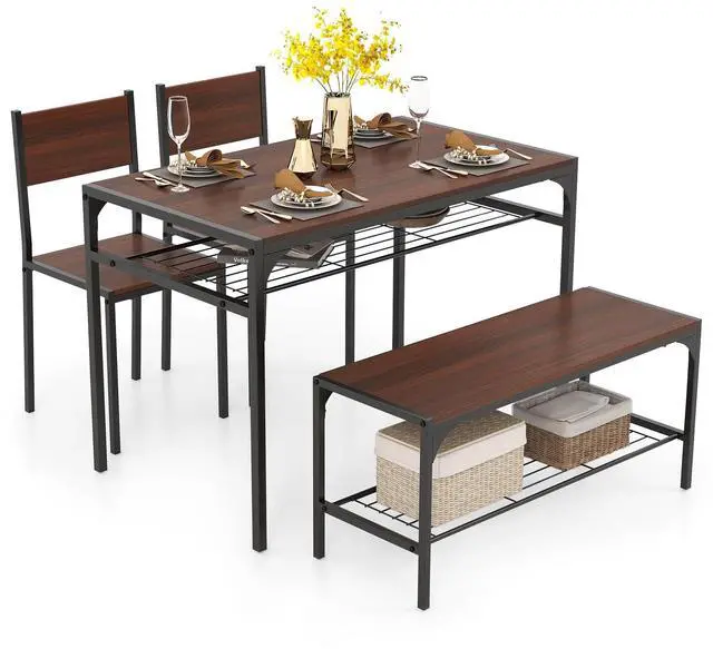 Main image of 4-Piece Dining Table Set for 4, Industrial Kitchen Table with 2 Chairs and Bench, Space-Saving Dinette Set with Metal Frame and Storage Rack for Small Space, Dining Room, Walnut