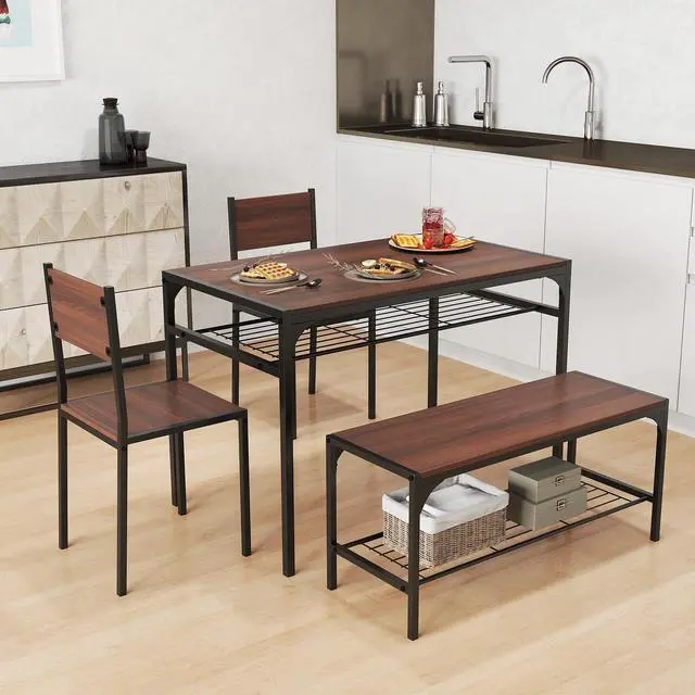 Alt view image 2 of 6 - 4-Piece Dining Table Set for 4, Industrial Kitchen Table with 2 Chairs and Bench, Space-Saving Dinette Set with Metal Frame and Storage Rack for Small Space, Dining Room, Walnut