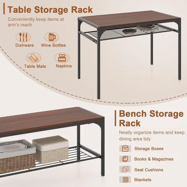 Alt view image 3 of 6 - 4-Piece Dining Table Set for 4, Industrial Kitchen Table with 2 Chairs and Bench, Space-Saving Dinette Set with Metal Frame and Storage Rack for Small Space, Dining Room, Walnut
