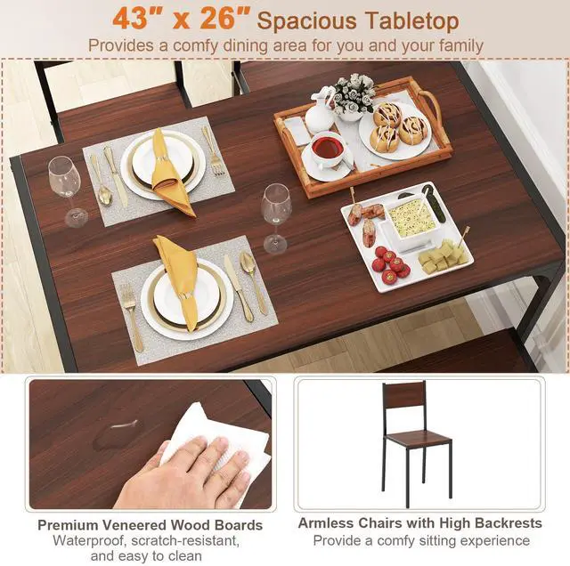 Alt view image 4 of 6 - 4-Piece Dining Table Set for 4, Industrial Kitchen Table with 2 Chairs and Bench, Space-Saving Dinette Set with Metal Frame and Storage Rack for Small Space, Dining Room, Walnut