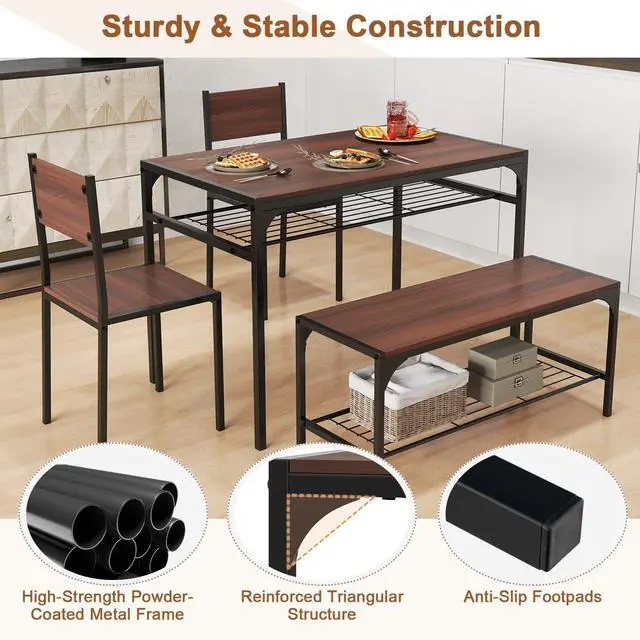Alt view image 5 of 6 - 4-Piece Dining Table Set for 4, Industrial Kitchen Table with 2 Chairs and Bench, Space-Saving Dinette Set with Metal Frame and Storage Rack for Small Space, Dining Room, Walnut