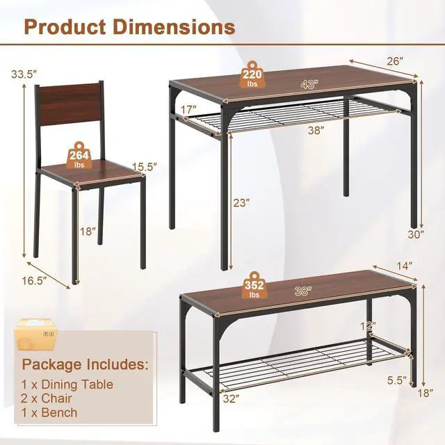 Alt view image 6 of 6 - 4-Piece Dining Table Set for 4, Industrial Kitchen Table with 2 Chairs and Bench, Space-Saving Dinette Set with Metal Frame and Storage Rack for Small Space, Dining Room, Walnut
