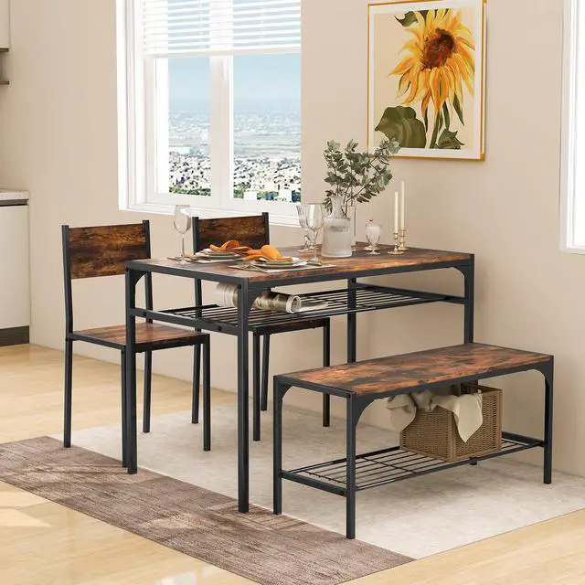 Main image of 4-Piece Dining Table Set for 4, Industrial Kitchen Table with 2 Chairs and Bench, Space-Saving Dinette Set with Metal Frame and Storage Rack for Small Space, Dining Room, Rustic Brown