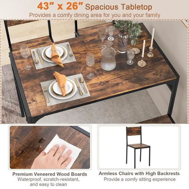 Alt view image 2 of 6 - 4-Piece Dining Table Set for 4, Industrial Kitchen Table with 2 Chairs and Bench, Space-Saving Dinette Set with Metal Frame and Storage Rack for Small Space, Dining Room, Rustic Brown