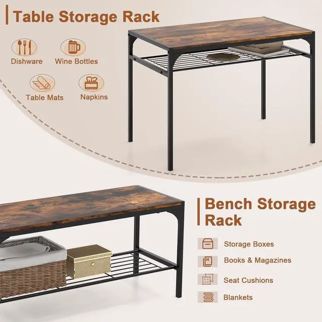Alt view image 3 of 6 - 4-Piece Dining Table Set for 4, Industrial Kitchen Table with 2 Chairs and Bench, Space-Saving Dinette Set with Metal Frame and Storage Rack for Small Space, Dining Room, Rustic Brown