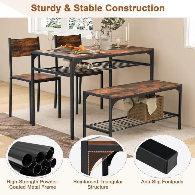 Alt view image 4 of 6 - 4-Piece Dining Table Set for 4, Industrial Kitchen Table with 2 Chairs and Bench, Space-Saving Dinette Set with Metal Frame and Storage Rack for Small Space, Dining Room, Rustic Brown