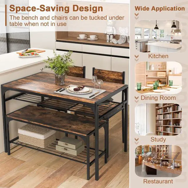 Alt view image 5 of 6 - 4-Piece Dining Table Set for 4, Industrial Kitchen Table with 2 Chairs and Bench, Space-Saving Dinette Set with Metal Frame and Storage Rack for Small Space, Dining Room, Rustic Brown