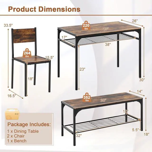 Alt view image 6 of 6 - 4-Piece Dining Table Set for 4, Industrial Kitchen Table with 2 Chairs and Bench, Space-Saving Dinette Set with Metal Frame and Storage Rack for Small Space, Dining Room, Rustic Brown
