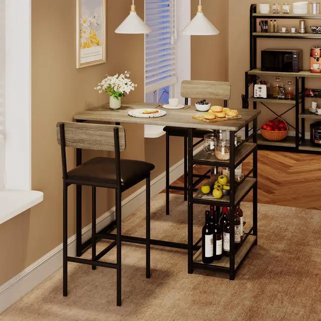 Main image of Bar Table Set for 2 with 3 Storage Shelves, Space-Saving Kitchen Table & Chairs with PU Cushions, Thick MDF Wood Top and Steel Frame for Apartment and Bistros - Retro Grey