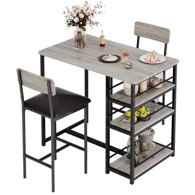 Alt view image 2 of 6 - Bar Table Set for 2 with 3 Storage Shelves, Space-Saving Kitchen Table & Chairs with PU Cushions, Thick MDF Wood Top and Steel Frame for Apartment and Bistros - Retro Grey